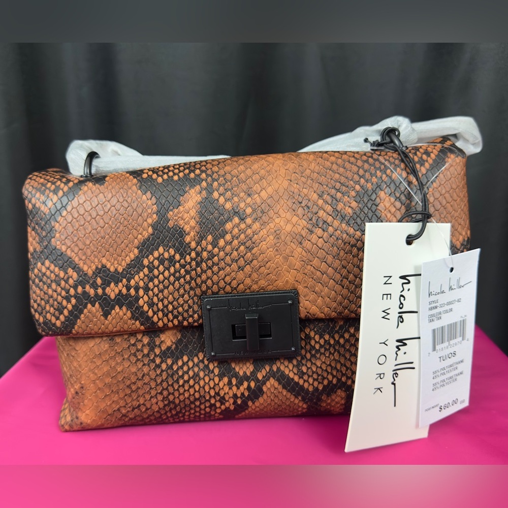 Nicole Miller Brown and Black Snake Skin Crossbody Purse - Black Chain Strap NWT